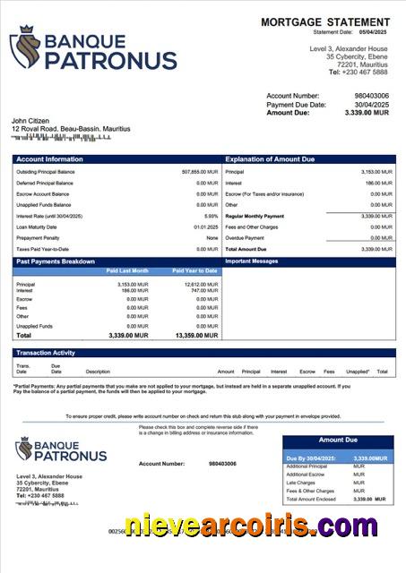 Mauritius Banque Patronus Limitée mortgage statement Word and PDF template